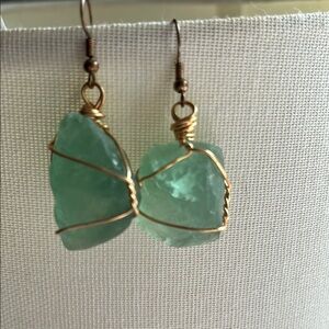 Gold Wire Wrapped Green Stone Earrings